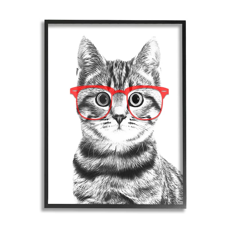 Stupell Black White Monochrome Cat Red Glasses Design Framed Wall Art - 16 x 20 - Black