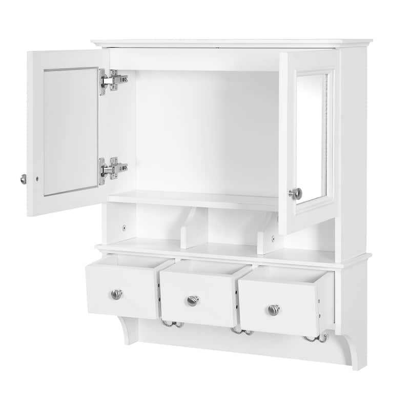 4-in-1 Bathroom Mirror Cabinet,24"Wall Mounted Medicine Cabinet with Drawers & Organizer Hooks,High-Define Mirrors with Storage