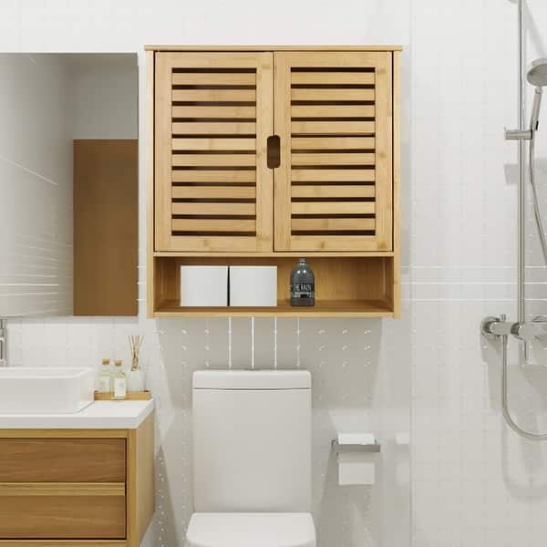slide 2 of 21, Bathroom Wall Cabinet Storage Organizer with Adjustable Shelf Double Door Brown