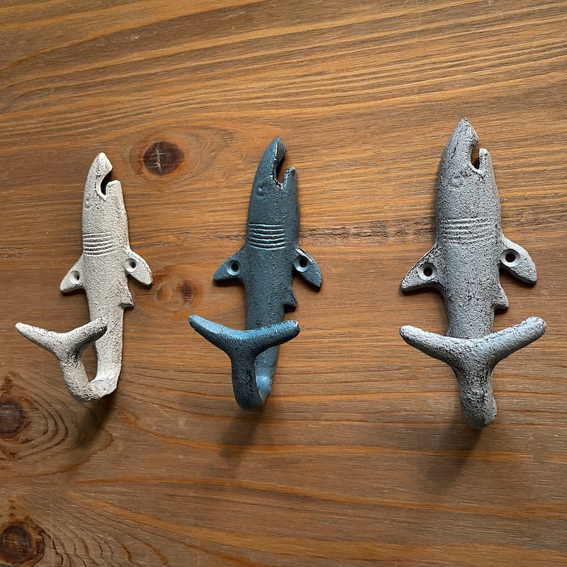 Set Of 3 Imitation Shark Wall Hooks In Blue, Gray, White Perfect For Nautical - 1.75 X 5.25 X 2.25 inches