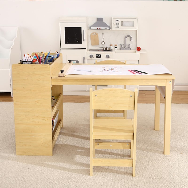 Kids Art Table with 2 Chairs, Activity Desk with Storage Shelves