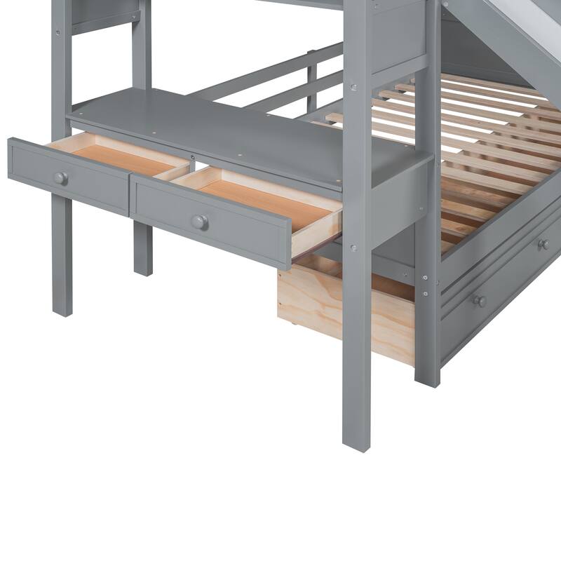 Twin Over Twin Bunk Bed with Storage Staircase, Slide, Drawers, and Desk, Gray