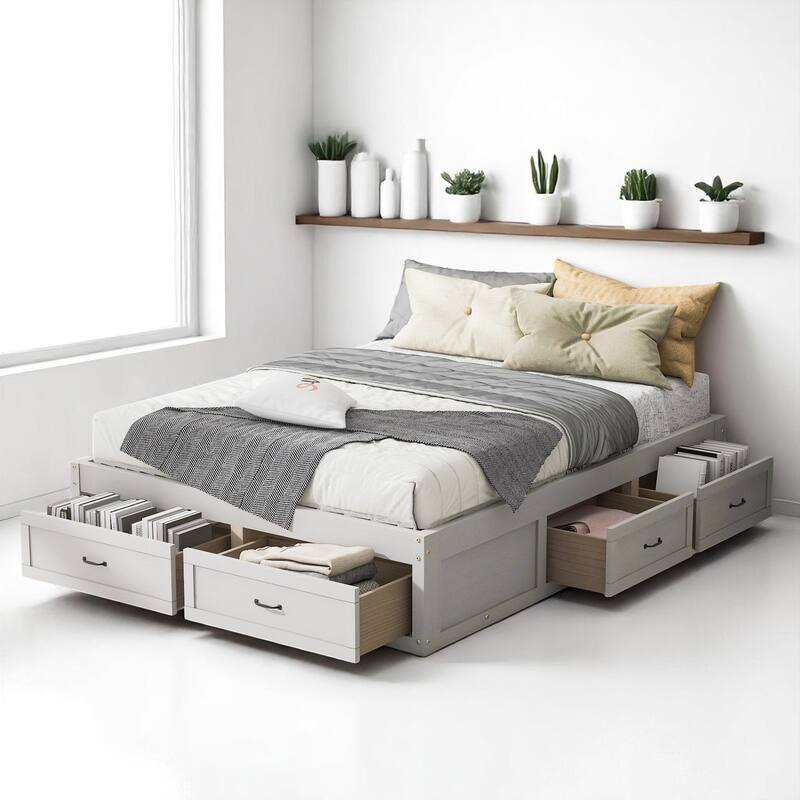 Full/Queen Platform Bed with 6 Storage Drawers, Modern Wood Frame with Slats, No Box Spring Needed - White - Queen