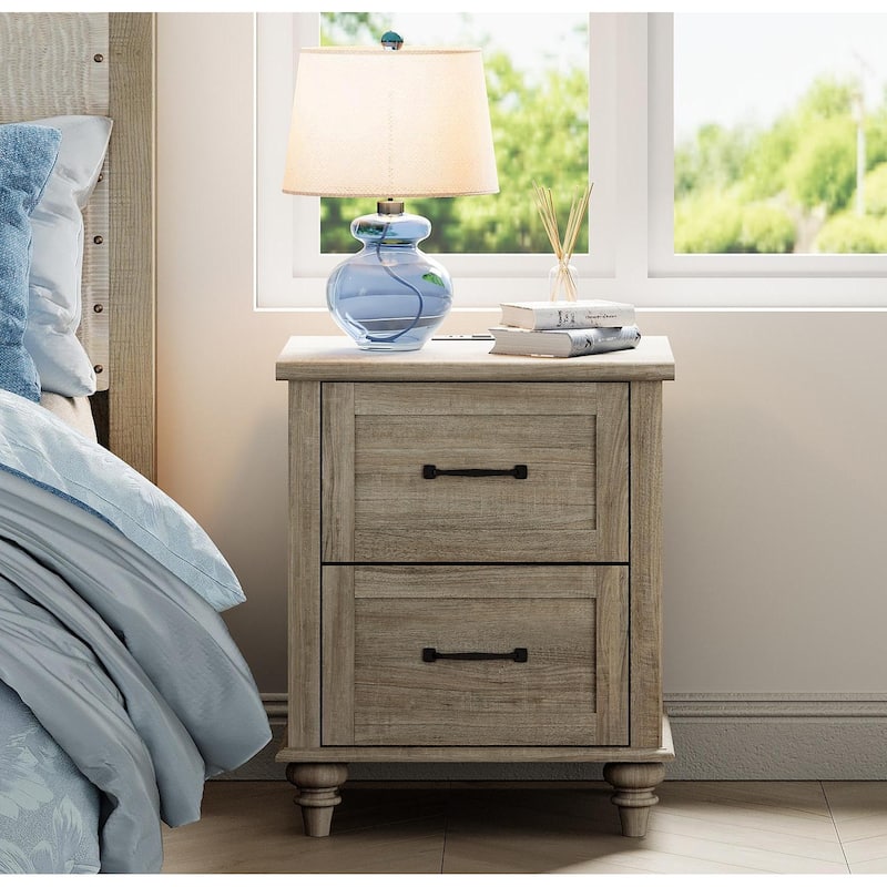 Nightstand with Charging Station, 2-Drawer End Table for Bedroom - Grey - 2-drawer