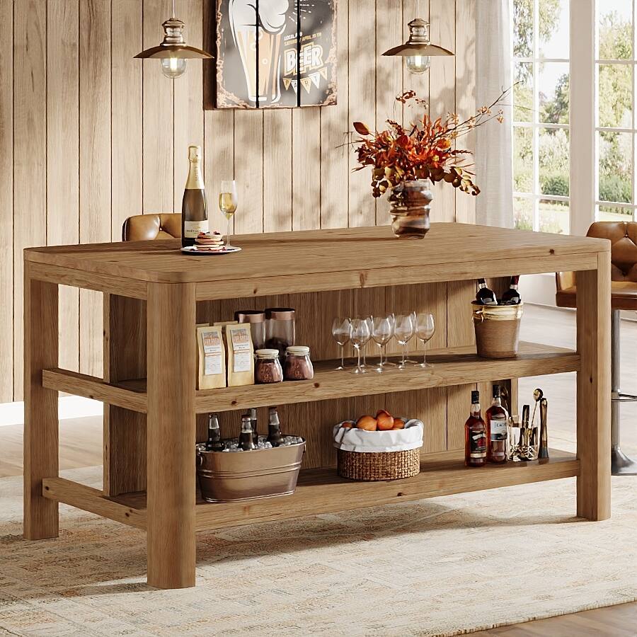63 Inch Solid Wood Kitchen Island Table with Storage Shelves