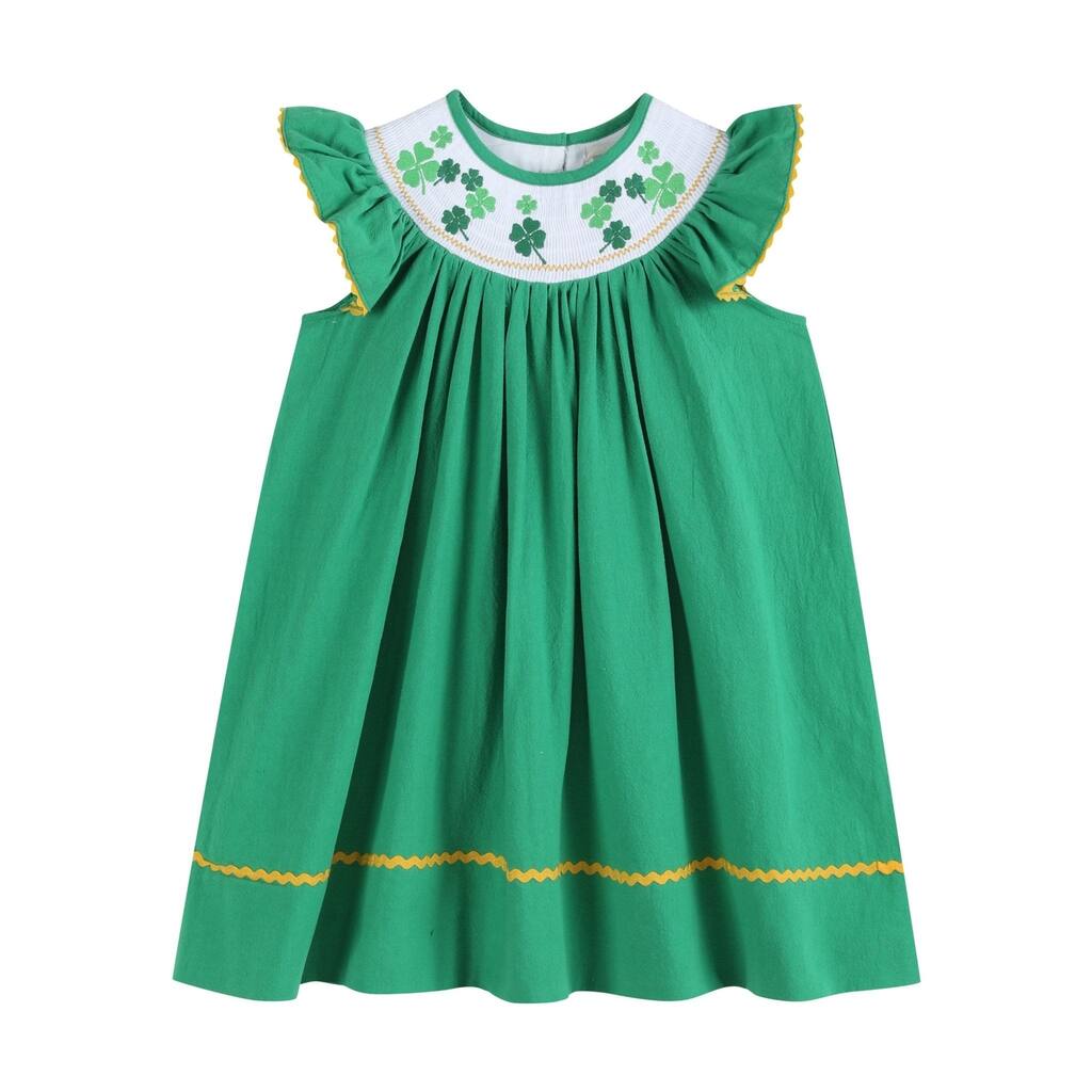 Lil Cactus St. Patrick's Day Shamrock Green Smocked Bishop Dress