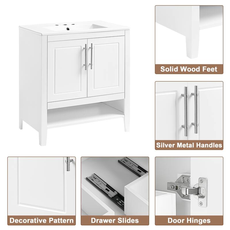 30" Bathroom Vanity Set with Sink, Solid Wood & MDF Board, Freestanding with Multi-Functional Drawers & Doors