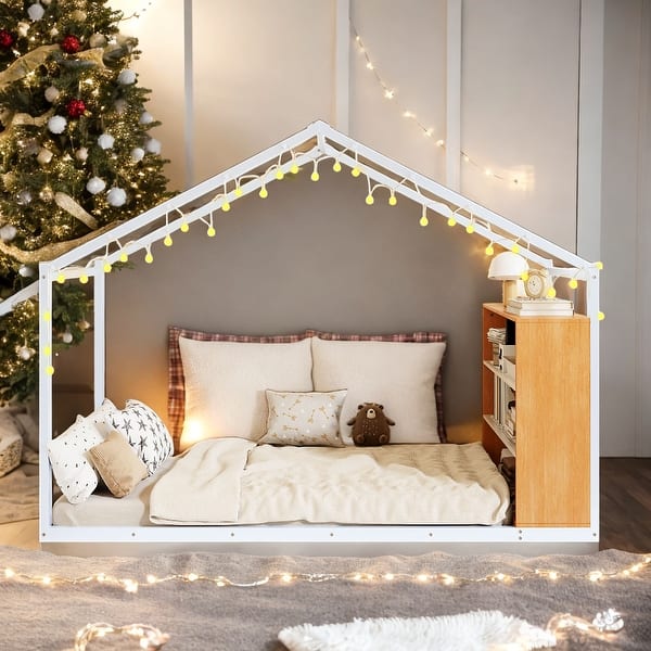 slide 2 of 13, Twin Size House Bed with Roof and LED Lights White