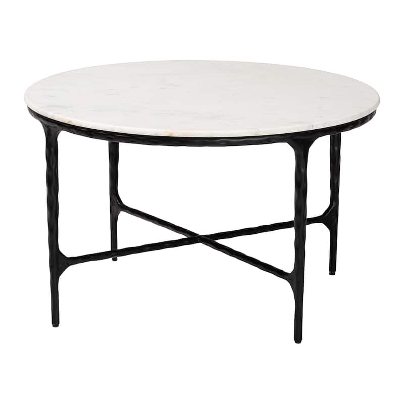 Akanji Marble Coffee Table - Modern Rustic Accent Table with Hand-Forged Metal Frame for Living Room or Seating Areas - Marble White, Black - Round