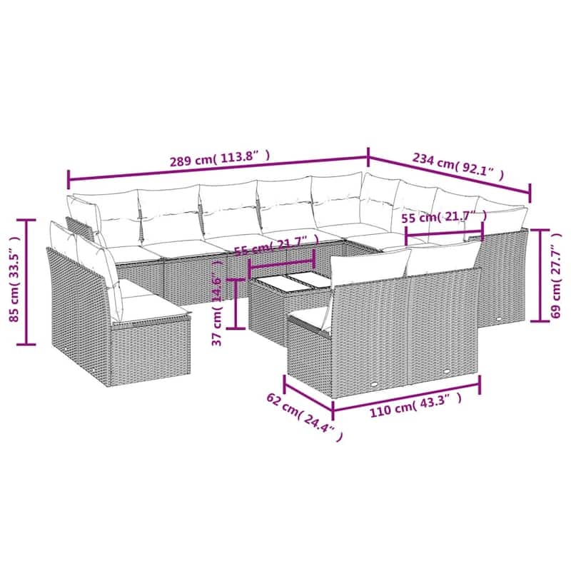 vidaXL Patio Sofa Set with Cushions Outdoor Conversation Furniture Poly Rattan - 21.7" x 24.4" x 27.2"