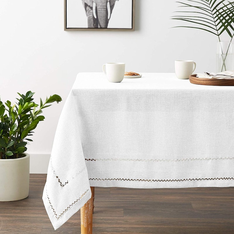 Violet Linen Hem Stitch Border Vintage Pattern Tablecloth