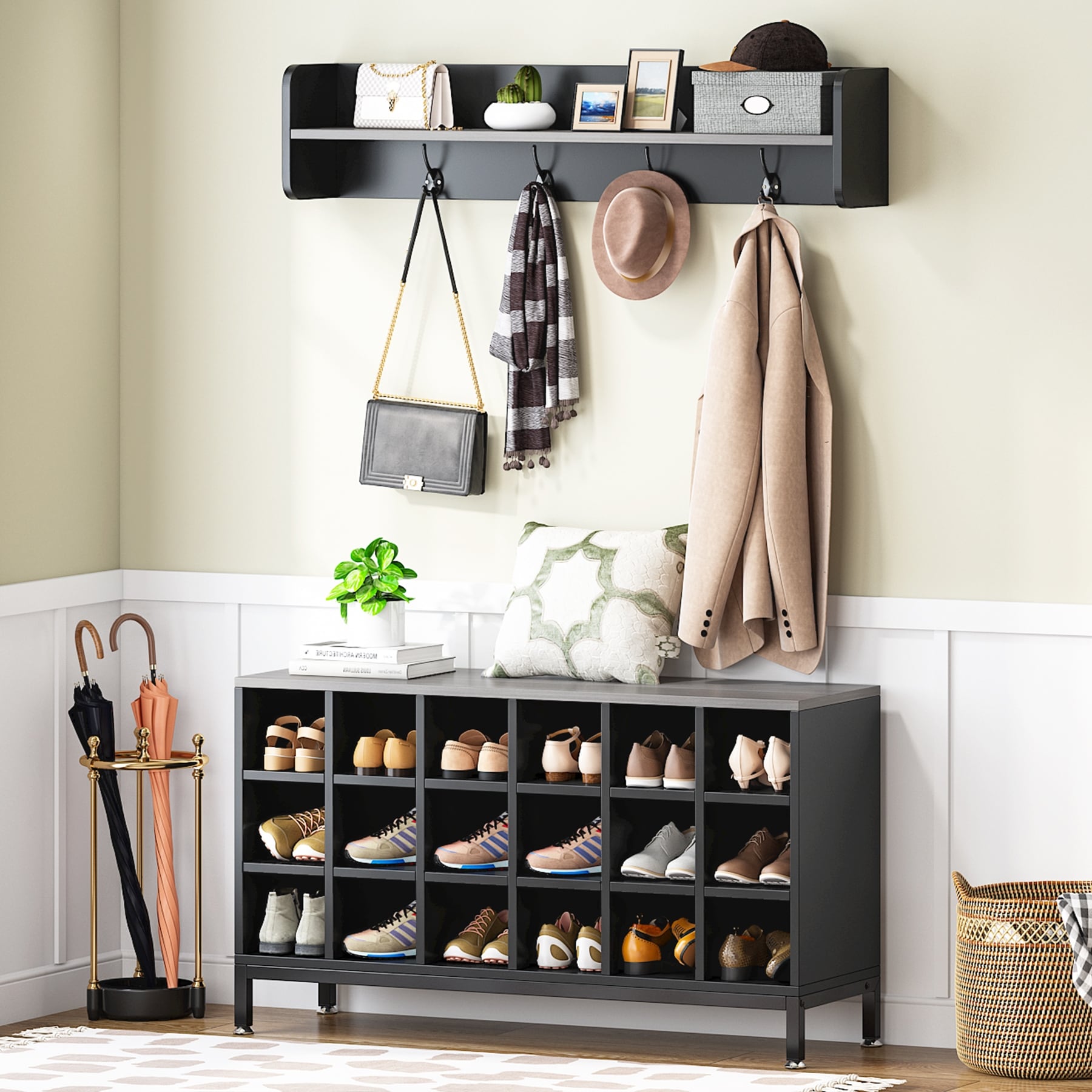 Entryway Coat Rack Shoe Bench Set Hall Tree with 18 Shoe Cubbies
