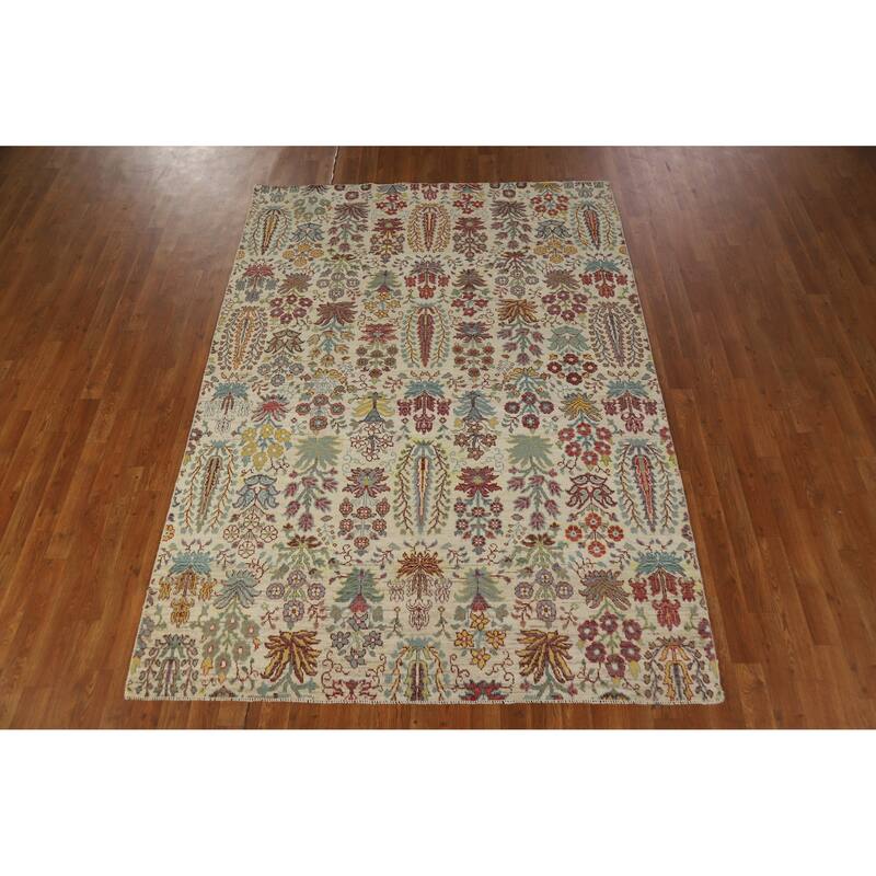 Hand Knotted Oriental 100% Wool Carpet Traditional All-Over Beige & Ivories Ziegler Area Rug - 7' 8'' X 5' 7''