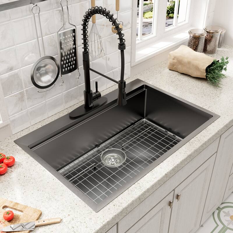 Drop-In Nano PVD Gunmetal Black Stainless Steel Workstation Kitchen Sink with Two-Function Kitchen Faucet and Accessories