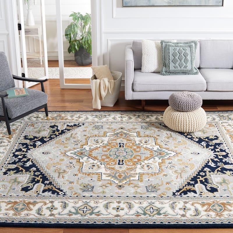 SAFAVIEH Handmade Heritage Carrol Traditional Oriental Wool Rug - 9' x 12' - Grey/Navy - Rectangle