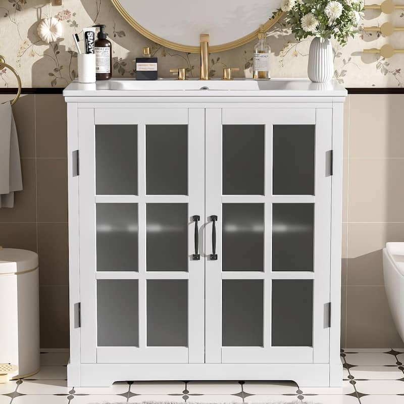 30" Modern Bathroom Vanity with Ceramic Sink, Bathroom Vanity Cabinet with Tempered Blurred Glass - White