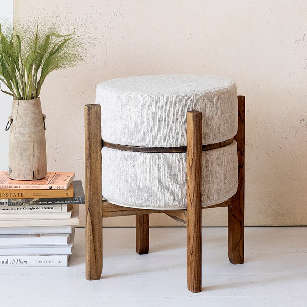 Woven Cotton and Wool Blend Table/Stool with Oak Wood Legs - 19.5"L x 19.5"W x 21.8"H