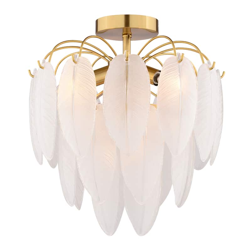 Burbank 4-Light Muted Gold Brass Waterfall Semi Flush Mount Lighting Ceiling Fixture, White Leaf Glass Shade Entryway