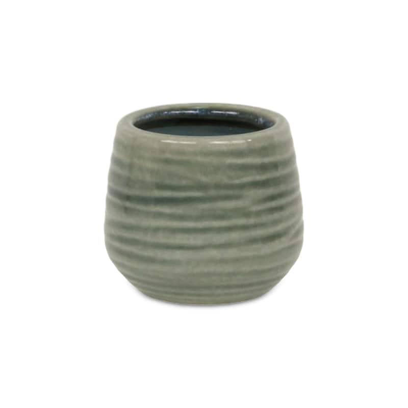 Fairloam Round Curved Wave Lined Pattern Ceramic Pot - Green - Small