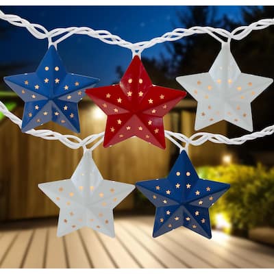 10 Red White Blue Metal Star 4th of July Patio Christmas Lights