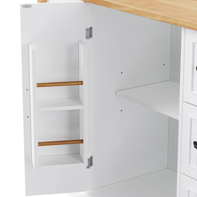 55.5'' Rubber Wood Kitchen Island with Power Outlet, Drop Leaf, Rolling Wheels and 6 Deep Drawers - 55.5'' x 29.75'' x 36''