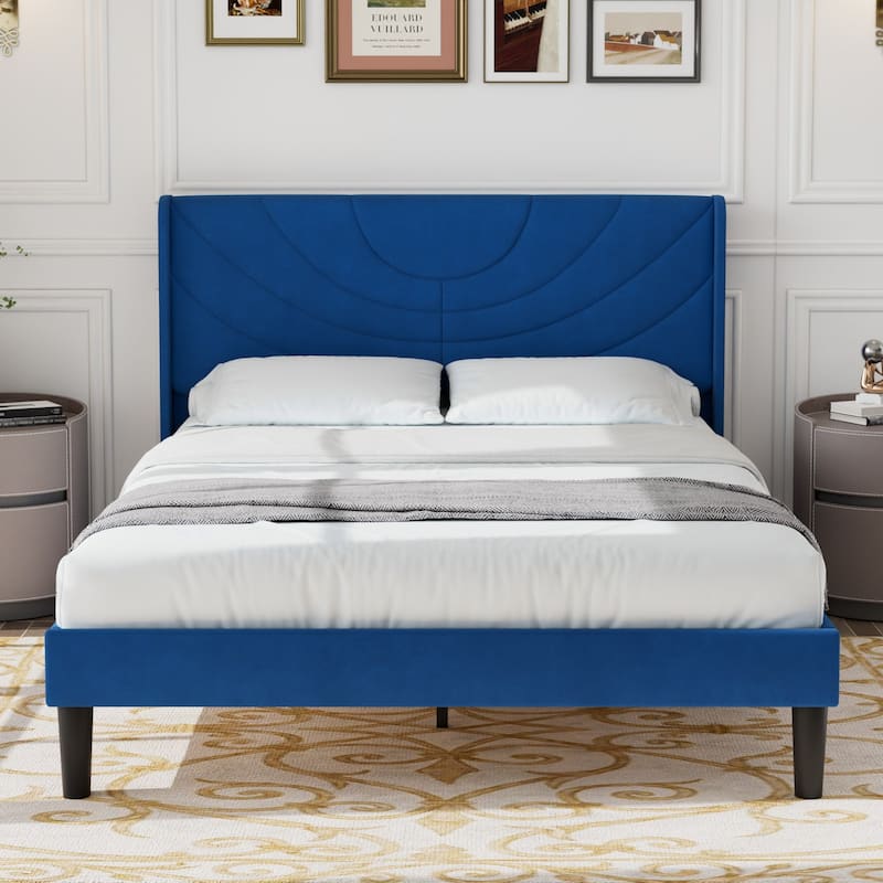 Javlergo Upholstered Bed Frame with Wingback Panel Headboard, No Box Spring Needed - Blue - Full