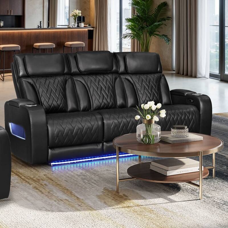 Jazz 84"W Leather Aire Power Reclining Sofa w/Power Headrest, LED, Wireless Charging Drop-Down Table, USB, Storage & Cupholders