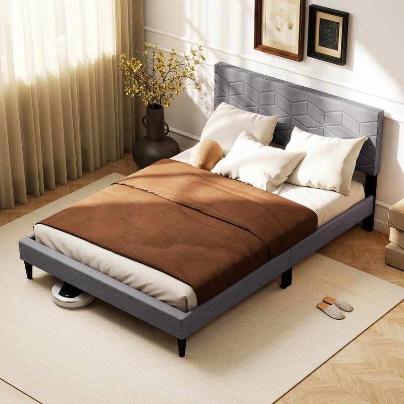 Grey Upholstered Bed Frame with Linen Headboard and Low-Profile Design Box-Spring-Free Setup