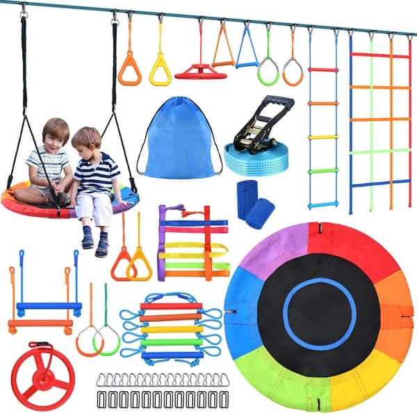 slide 2 of 11, Hapfan 50ft Ninja Warrior Obstacle Course for Kids with Swing,Tree Slackline Jungle Gym Outdoor