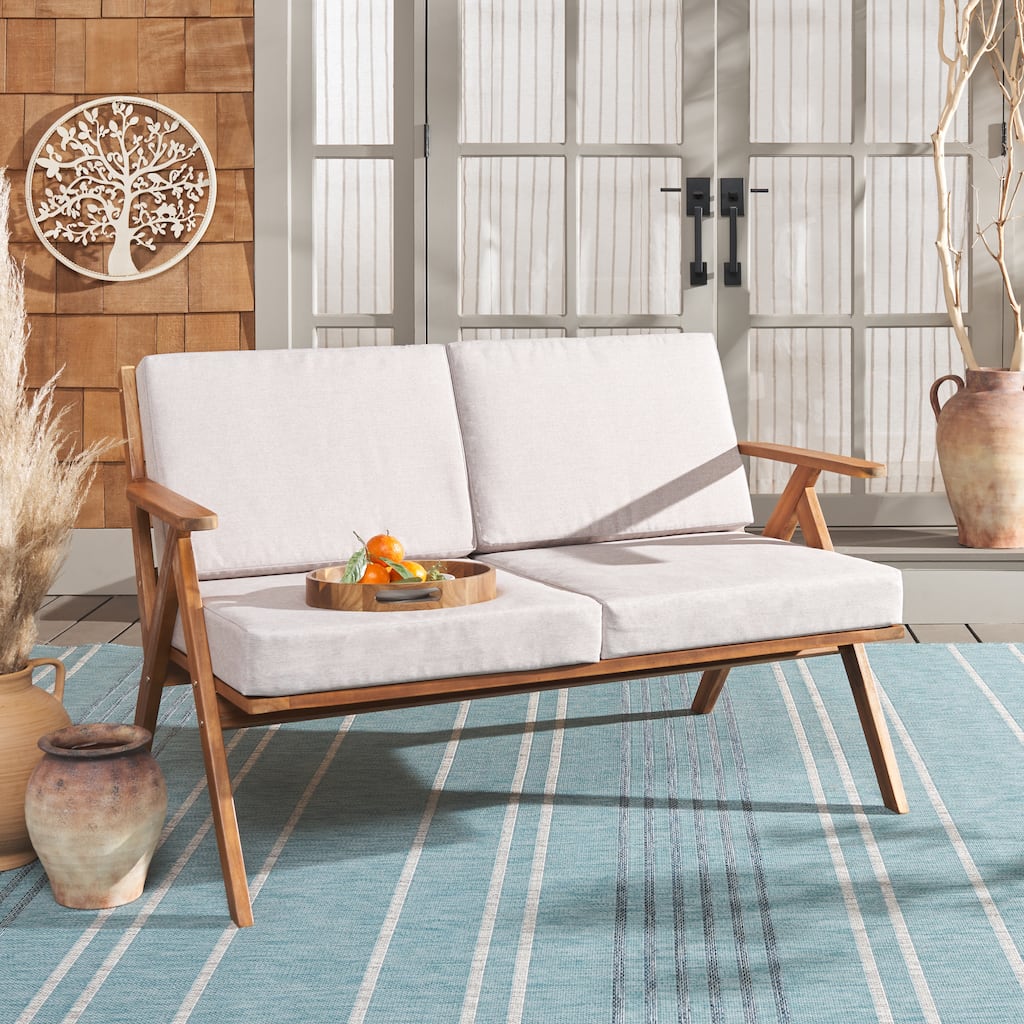 SAFAVIEH Janiyah Mid-Century Modern Solid Wood Outdoor Bench with Cushion - 49Wx31Dx32H