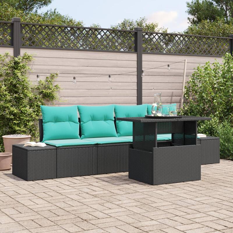vidaXL 5 Piece Garden Sofa Set with Cushions Black Poly Rattan - 115.8×24.4×27.2