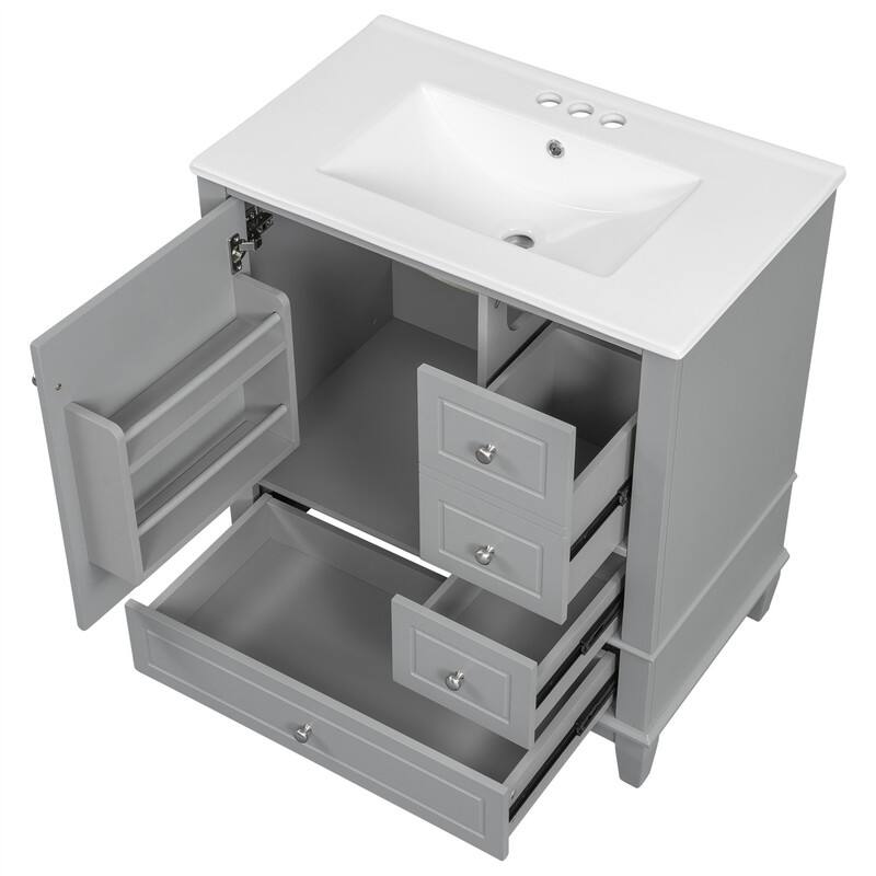30" Bathroom Vanity with Ceramic Sink, Freestanding Bathroom Vanity Cabinet w/ 3 Storage Drawers, 1 Soft Close Door & Door Shelf