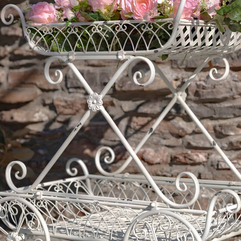 Two Tier Iron Flower Push Cart in Antique White "Odesa 1794" - 21.65x33.85x36.61