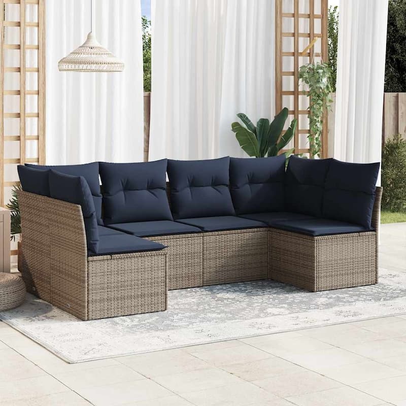 vidaXL 6/7 Piece Patio Sofa Set with Cushions Black/Brown/Gray Poly Rattan - 24.4 x 24.4 x 27.2 - Gray and navy blue Without table