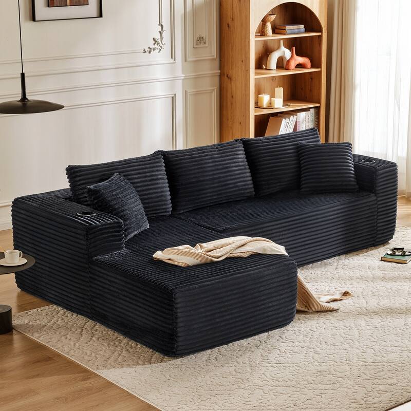 104" Upholstered No-Assembly Modular Sofa Chaise Sofa with Cupholders, Free Combination