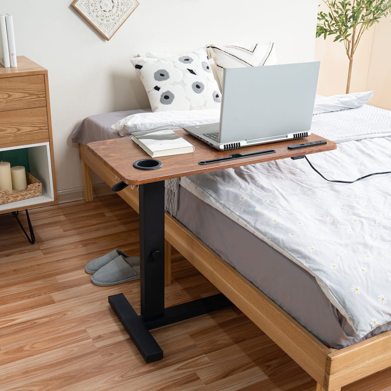 Height-Adjustable Overbed Table with Hidden Casters, Portable Bedside Desk with Tray, Pen Holder, USB & C-Type Ports