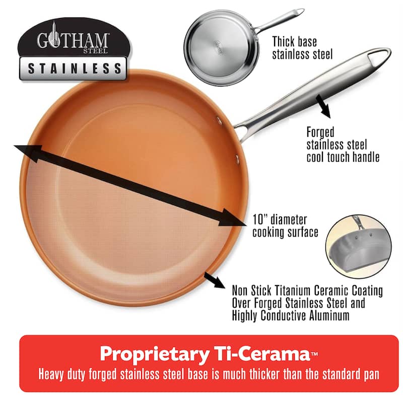 Gotham Steel 2 Piece Nonstick Cookware 10'' and 11'' Stainless Steel Fry Pan Set with Stay Cool Handles