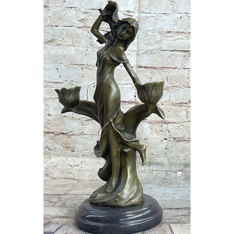 Art Nouveau Female Figure Bronze Candle Holder Candelabra Sculpture By Kin