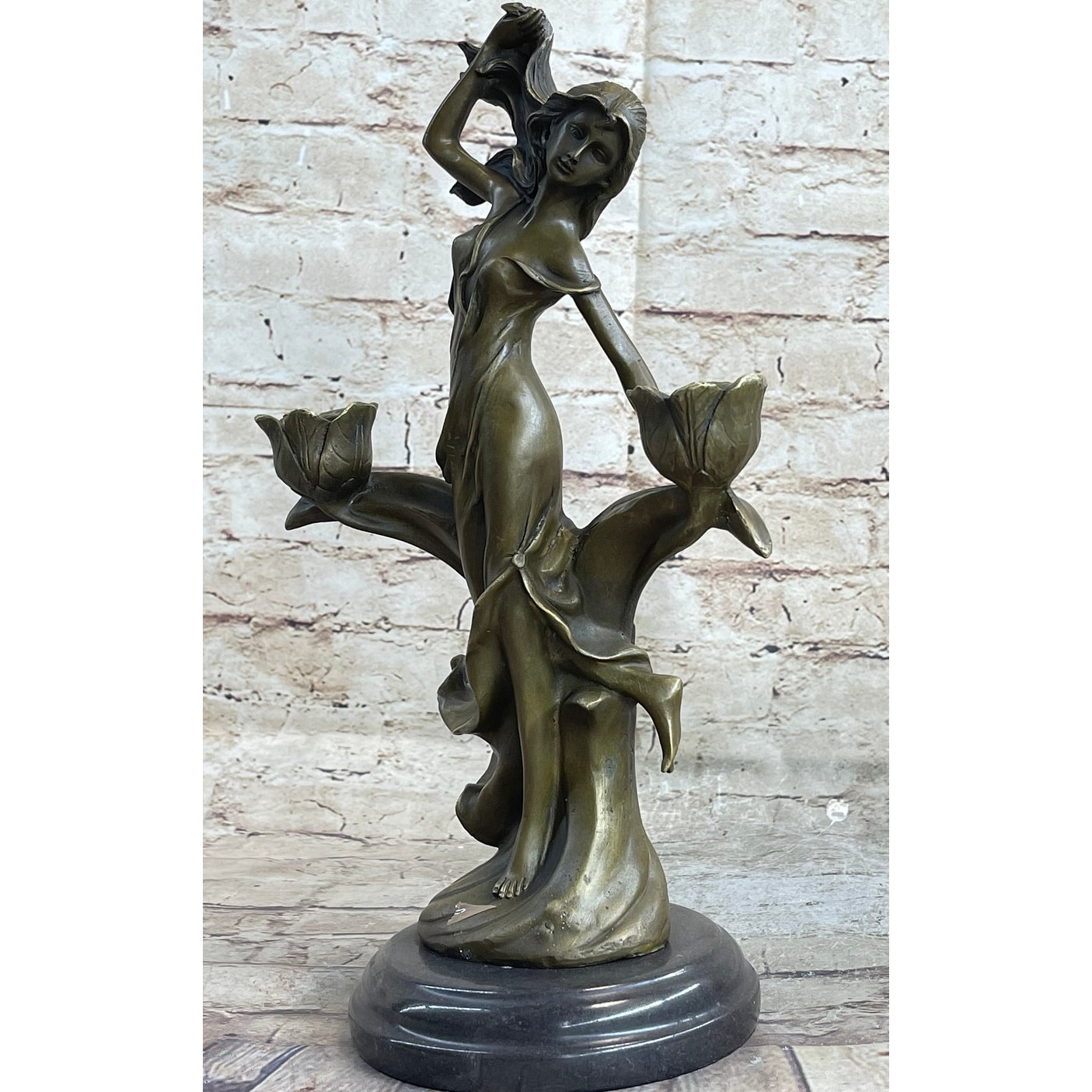Art Nouveau Female Figure Bronze Candle Holder Candelabra Sculpture By Kassin