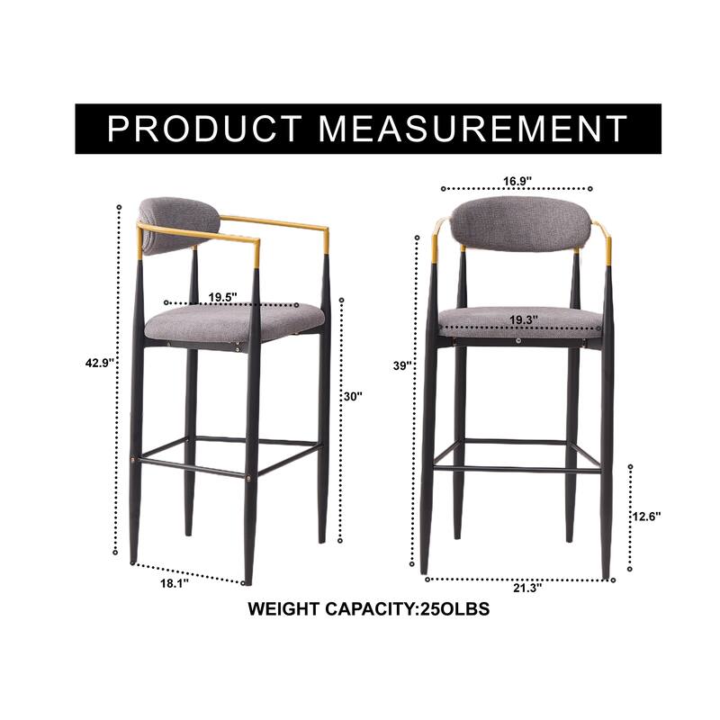 Modern Upholstered Bar Stool with Gold-Accented Armrests - 23" Seat Height,Ergonomic Design for Kitchen Island,2PCS/CTN
