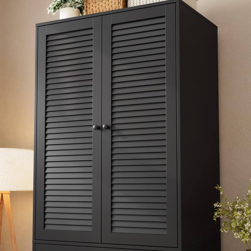 69.5" Wooden Armoire Wardrobe Closet with Louvered Doors, Drawers & Hanging Rod, Natural Finish Storage Cabinet