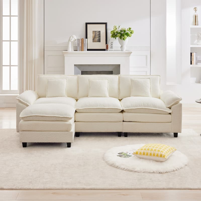 Modular Chenille Sectional Sofa with Ottomans, Deep Seat, Wide Padded Armrests, 2-Seat / 3-Seat / 4-Seat Options - White/3 Seats with 1 Ottoman - Reversible