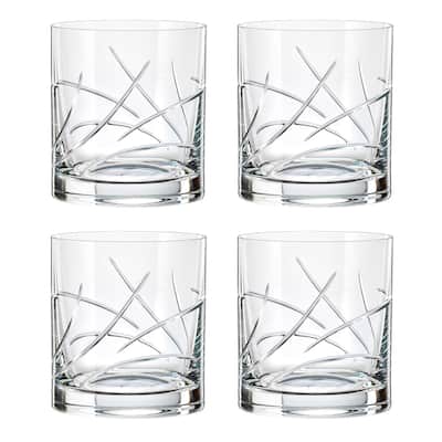 Glass - Double Old Fashioned - Tumbler - Set of 4 - Long Strokes Design - Made in Europe by Majestic Gifts Inc.