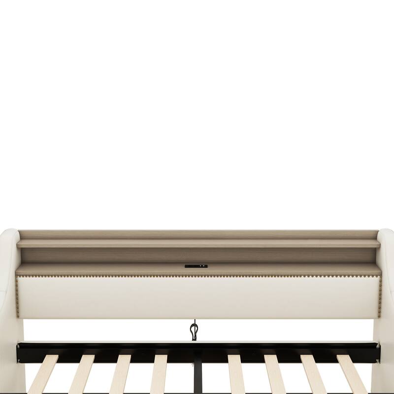 Twin Size Upholstered Daybed with Storage Drawers, Charging Station & LED Lights in Beige