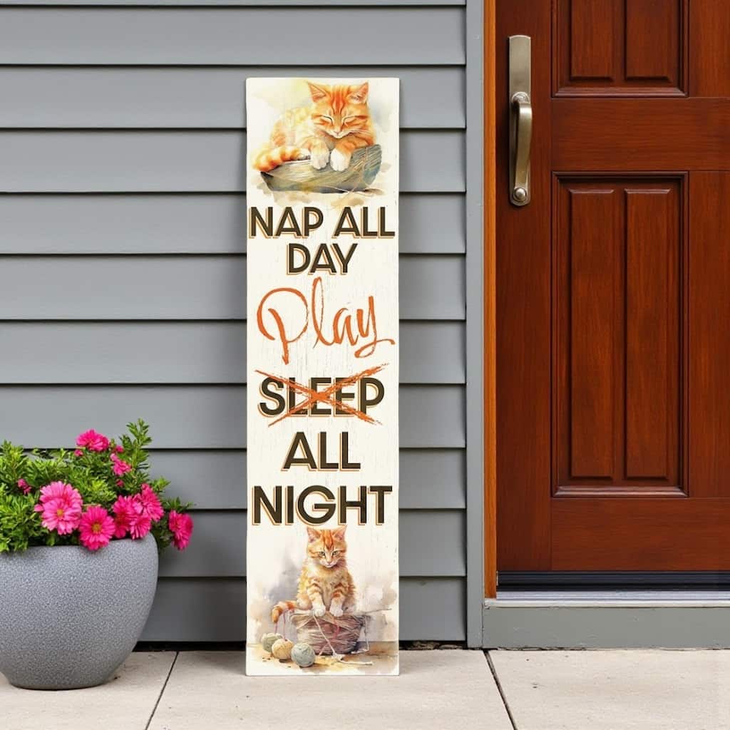 HomeRoots 36" Off White And Orange Solid Wood Whimsical Cats Porch Sign