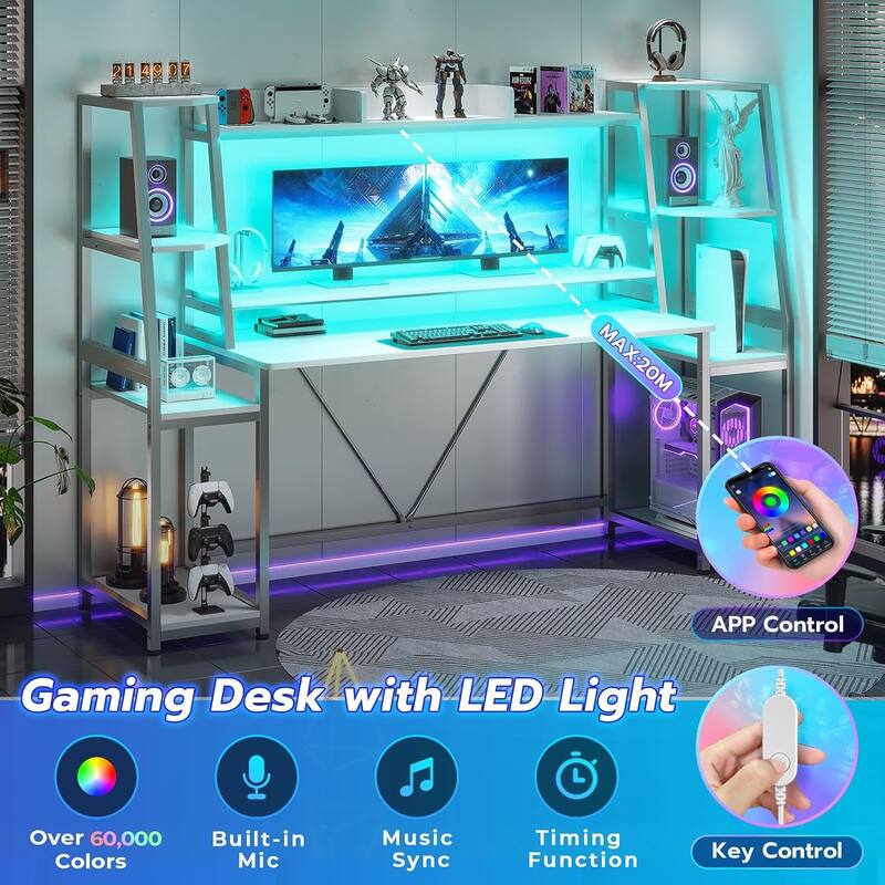 Gaming Desk LED Lights Hutch and Storage Shelves PC Gamer Desk