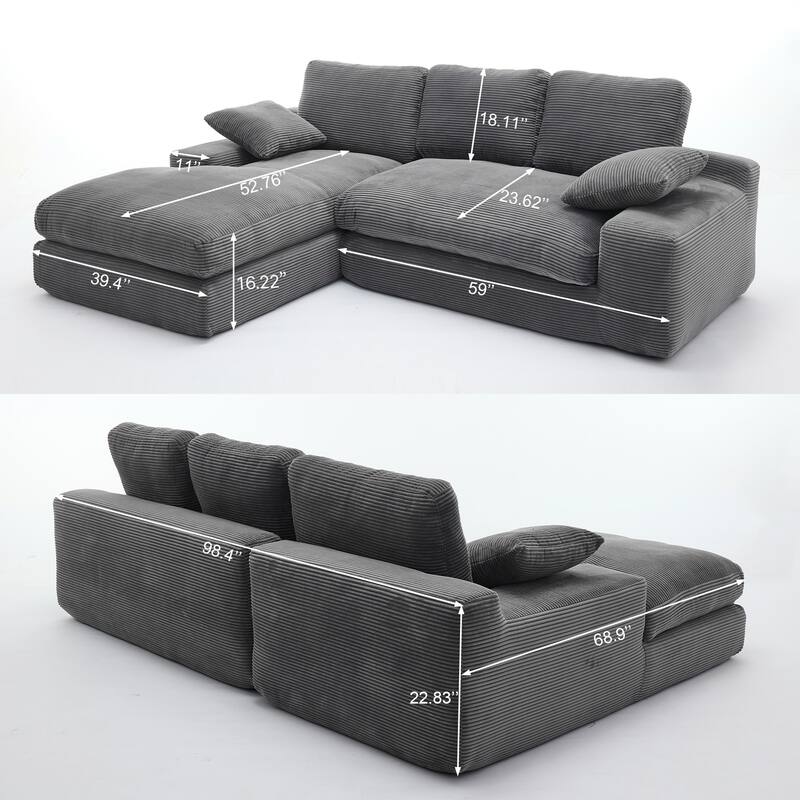 Modular Sectional Cloud Sofa with L-Shape Chaise, Corduroy Upholstered Sleeper Sofa, Compressed Sofa with Pillow - Grey
