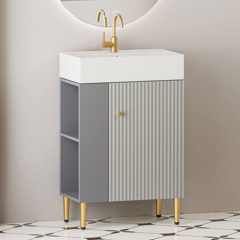 Compact White Bathroom Vanity with Ceramic Sink, Soft-Closing Cabinet, and Brushed Copper Accents for Small Spaces - 24 in ,Matte Gray ,Wood , Left Side - Matte Gray