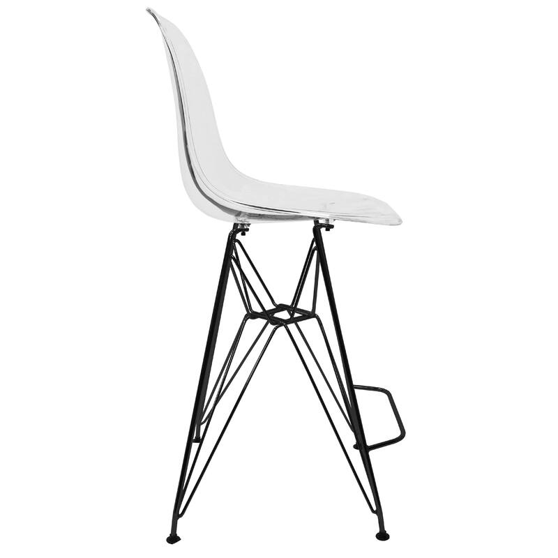 Cresco Acrylic Barstool in Brushed Black Steel Base with Ergonomic Seat, Footrest, & Floor Pads for Kitchen or Home Bar Set of 2