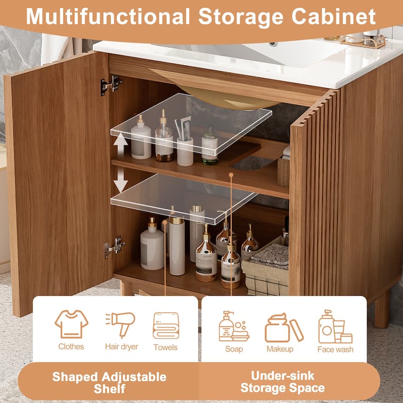 30.1'' Freestanding Bathroom Vanity in Wood with Integrated Ceramic Sink and Solid Wood Legs - 29.9'' x 18.3'' x 34''